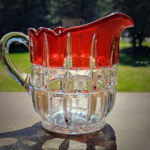 Antique EAPG Glass Creamer Tarentum Glass Block & Star Ruby Stained c.1910 USA - Picture 2 of 10